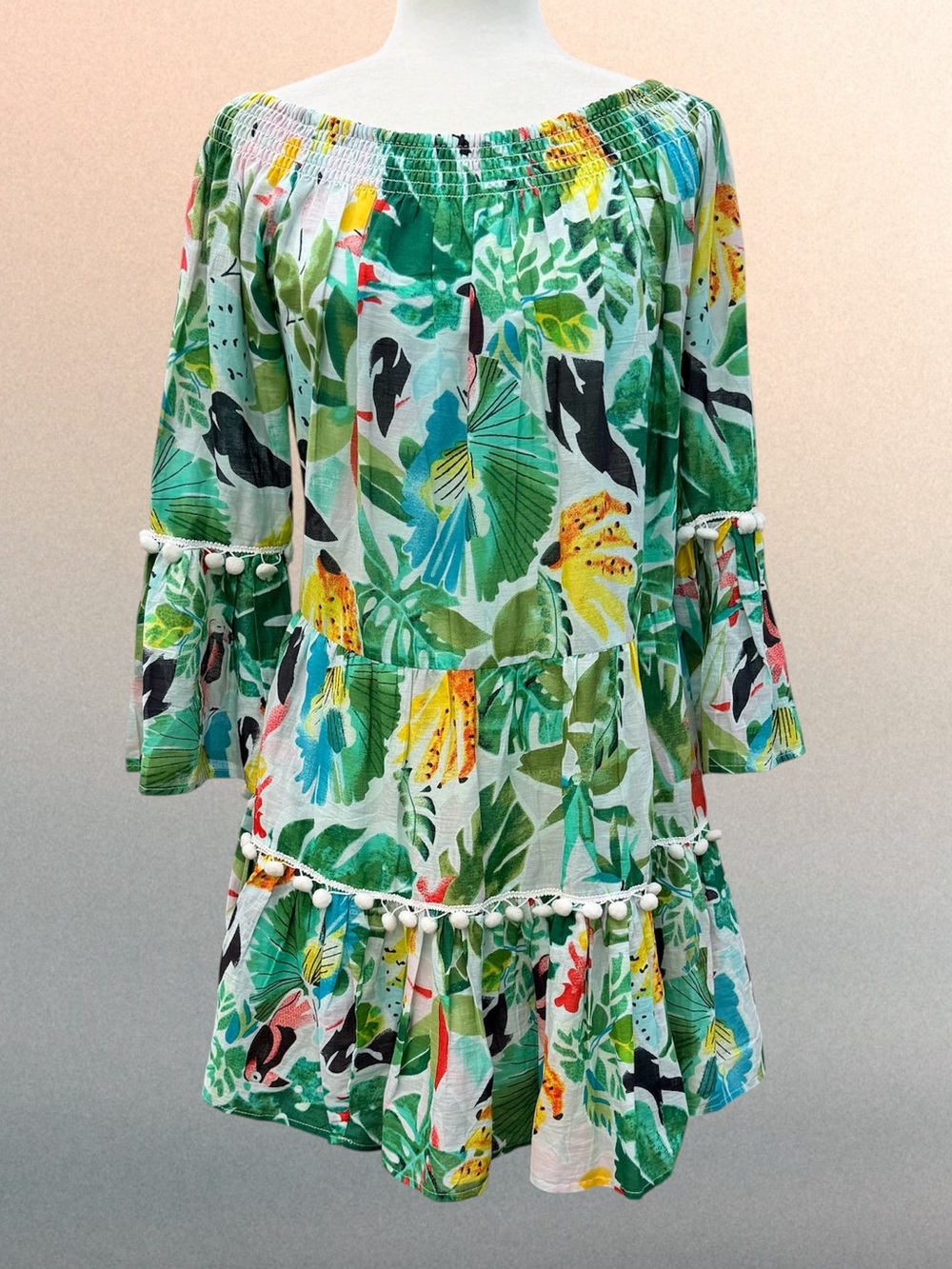 True Destinations Resort Wear Off-Shoulder Tropical Print Pom-Pom Dress, Medium